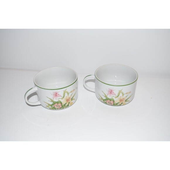 Vtg Soup Cups Jade Lily Porcelain Floral Shafford 1970 Japan  Handle 2 pc set - Picture 6 of 9